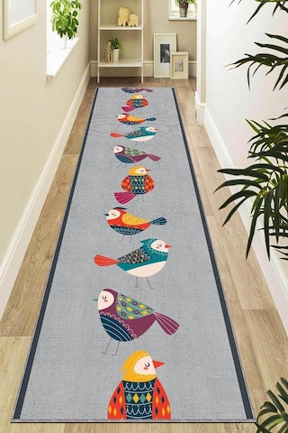 Rugviva Kaymaz Tabanlı Makinede Yıkanabilir Papağanlı Kesme Rulo Yolluk Ar467, Gri, 80 X 200 Diğer
