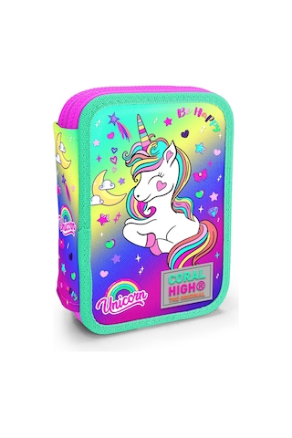 Coral High Kids Lavanta Su Yeşili Unicorn Desenli Çift Katlı Kalem Çanta 11129 Pembe - Su Yeşili