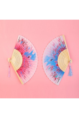 Jmsstore Ahşap Saplı Klasik Desenli Püsküllü Zarif Yelpaze Beden: No.4 Çok Renkli