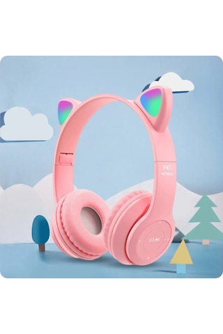 Qasul P47 Kedi Kulak Led Işıklı Kablosuz Bluetooth Mikrofonlu Hafıza Kulaklık 