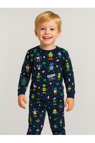 Cantoy Erkek Çocuk Pamuklu Uzay Baskılı Pijama Takımı-16058 Lacivert