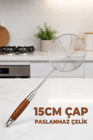 19.5cm Yağ Kevgiri - Haşlama Kevgiri - Süzgeç - Paslanmaz Çelik - Geniş Delikli Kevgir - Ahşap Sap Krom