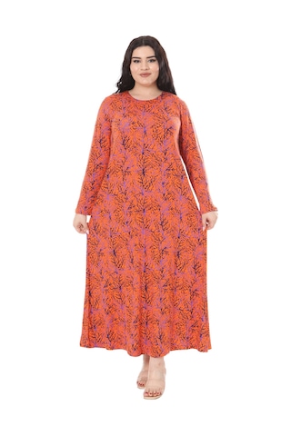 Melsay Butik Turuncu İnce Mercan Desen Uzun Kollu Kadın Elbise Turuncu