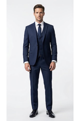 Erkek Klasik Slim Fit Armürlü Kumaş Tek Düğmeli Çift Yırtmaçlı Klasik Yaka Takım Elbise 7 Drop Lacivert
