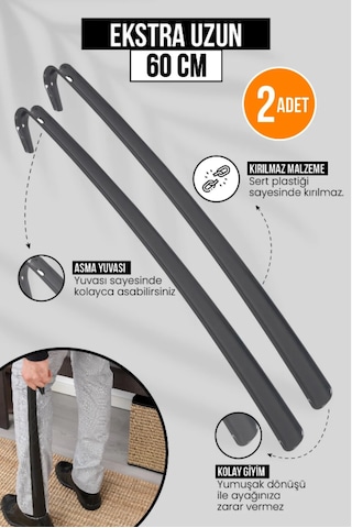 Orvila 2 Adet - Antrasit 60 Cm Ayakkabı Çekeceği Sert Plastik Asılabilir Çekecek Yumuşak Kerata Uzun