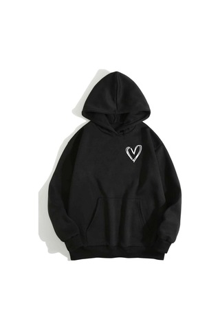 Clayes Minimal Kalp Sweatshirt - Siyah Baskılı Oversize Kapüşonlu Siyah