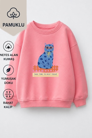 Monila Kız Çocuk 3 İplik Kumaş Pamuklu Mavi Kedi Baskılı Sweatshirt Pembe