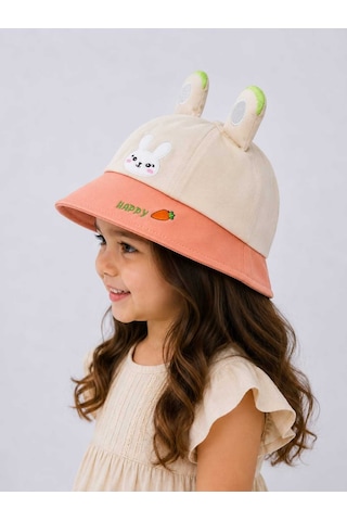 Kız Çocuk Tavşan Kulaklı Bej Şapka Yazlık Güneş Koruyucu Bucket Hat Bej