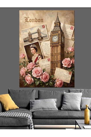 Londra Big Ben Ve Güller Kolaj Dekoratif Kanvas - Mdf Ahşap Tablo