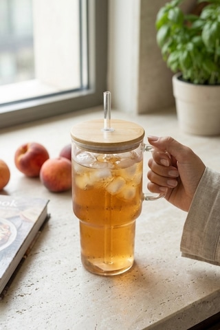 Porsima 4571 Isıya Dayanıklı Borosilikat Cam Pipetli Bambu Kapaklı Bardak 800ml Bambu - Şeffaf