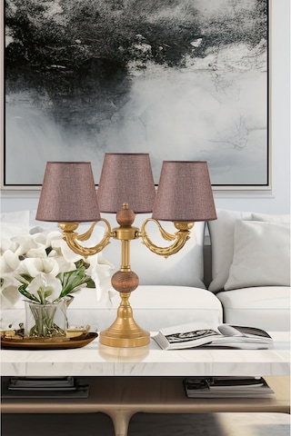 Üçlü Şamdan Masa Lambası Abajur Eskitme Kahverengi Şapkalı Eskitme