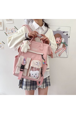 Samdoo Kadın Üniversite Öğrencisi İçin Büyük Kapasiteli 16" Siyah Çift Askılı Çanta - Badge Aksesuar, Dayanıklı Kumaş, Modern Stili Siyah