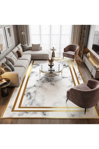 Beyaz Altın Mermer Desenli Halı Dijital Baskılı Kaymaz Tabanlı Salon Halısı Dijital Baskı Halı 7 Mm