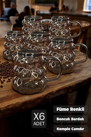 6'lı Füme Kulplu Üzüm Tanesi Boncuk Şekilli Cam Bardak 350ml Isıya Dayanıklı Kahve Sunum Bardağı Füme