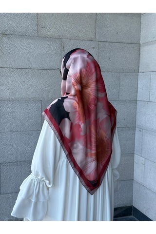 Qalortex Scarf Pamuklu Flora Desen Eşarp-bordo/siyah Bordo-siyah