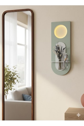 Mimoza Dekoratif Duvar Rafı Led Işıklı Ahşap İskandinav Tarzı Modern Salon Duvar Rafı Çiçeklik 30x80 Cm Yeşil - Paris Grisi
