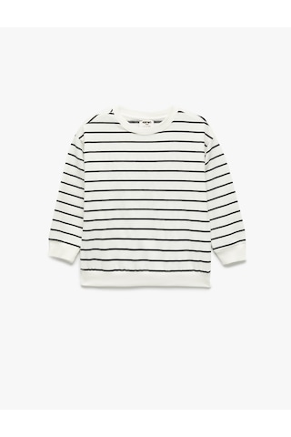 Koton Pamuklu Şardonlu Uzun Kollu Bisiklet Yaka Çizgili Sweatshirt Ekru Çizgili 7wmb10021tk