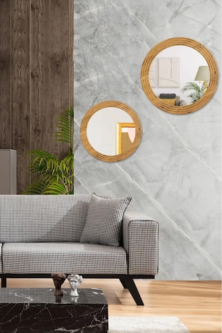 Antik 2 Li Dekoratif Ayna Seti Yuvarlak Banyo Duvar Aynası 69 -56 Açık Kahverengi