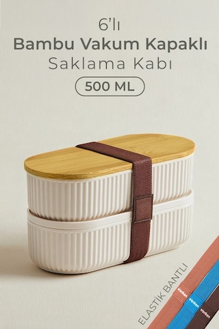 12 Parça Duele Vakumlu Bambu Kapaklı Saklama Kabı 500ml / Çizgili Kayık Saklama Kabı Ekru