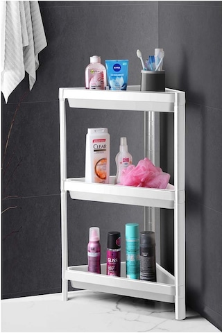 3 Katlı Üçgen Köşe Rafı - Banyo, Mutfak, Balkon, Kiler Düzenleyici Raf - Beyaz Beyaz