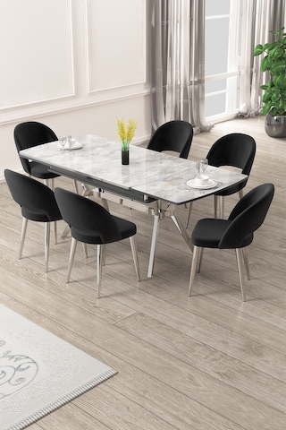Canisa Weps Serisi 89x150 Açılabilir Lak Panel Rampla Gri Krom Ayak Masa Takımı Ve 6 Siyah Sandalye Rampla Gri Masa Siyah Sandalye Krom Ayak