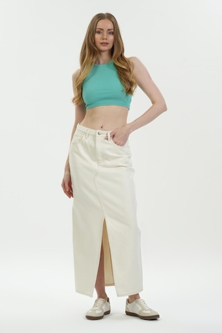 Ekru Yüksek Bel Yırtmaçlı Maxi Jean Etek C 4532-058 Ekru