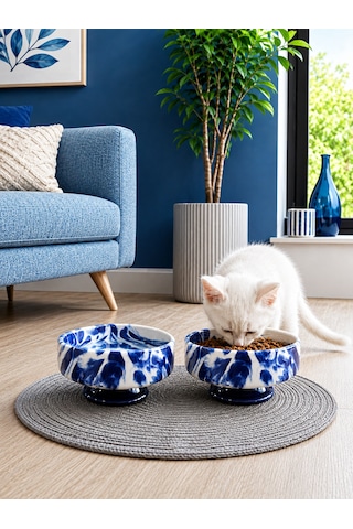 Mama Kabı Kedi Ve Köpek Ayaklı 2 Li Seramik Doğal Mama Ve Su Kabı Lacivert Marble