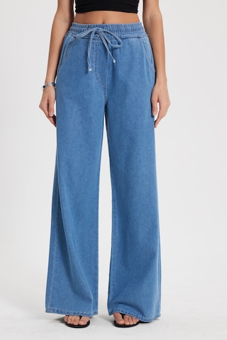Tudors Kadın Relax Fit Rahat Kesim %100 Pamuk Beli Bağcıklı Lastikli Denim Efektli Açık Mavi Palazzo Pantolon-50830