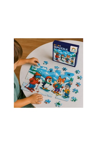 Hayvanlar Kayakta Mini Puzzle 40 Parça 3-7 Yaş Eğitici Çocuk Puzzle Yapboz