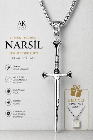 Erkek, Isildur Kırık Kılıcı Narsil Gücün Efendisi K-101 Paslanmaz Kromix Çelik Gümüş Kaplama Kolye Beyaz
