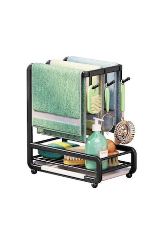 Pazly İşlevsel Mutfak Lavabo Organizatörü, Karbon Çelik, Duvara Monte/tezgah, Havlu Rafları, Sünger Tutucu, Siyah, 28x24,5x14 Cm Siyah