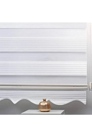 Ekru Beyaz Geniş Pliseli Zebra Stor Güneşlik Perde Eteği Dilimli Alüminmyumkasa Metal Ayak Beyaz