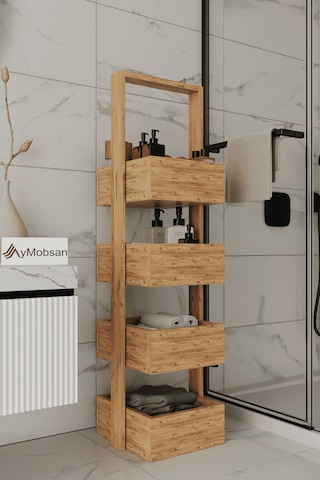 Multi Çok Amaçlı Banyo Rafı, Sepetli Çok Amaçlı Raf, 4 Raflı 120 Cm, Atlantik Çam Atlantik Çam