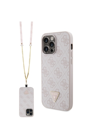 Apple Uyumlu iPhone 14 Pro Max Kılıf Guess Lisanslı Pu Deri Taşlı Metal Üçgen Logolu Çapraz Vücut Askılı Pembe