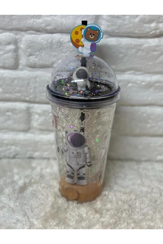 Pipetli Bardak Matara Sevimli Suluk 450 Ml Çift Astronot Figürlü Gri