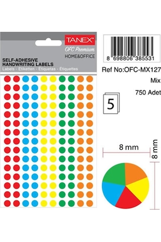 Tanex Mıx Color Ofis İşaretleme Nokta Etiketi 8mm 5-Renk (750 nokta Etiket)