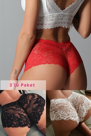 Epilons Zenvial Kadın Siyah Beyaz Kırmızı 3'lü Paket Dantel Tanga Şort Külot Zenviall2 Çok Renkli