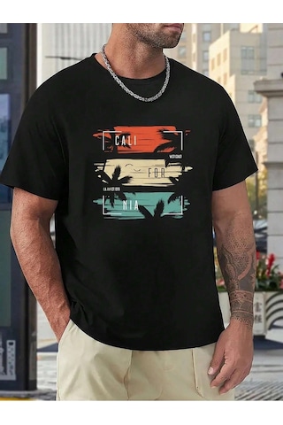 Cali For Nia T-shirt - Siyah Baskılı Oversize Bisiklet Yaka Kısa Kol Tişört Siyah