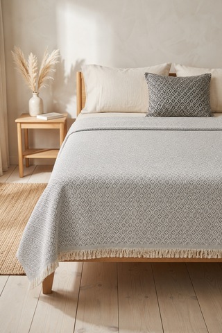 Dokuma Pike Çiftkişilik 200x220 Çok Amaçlı Bohem Yatak Örtüsü Gri