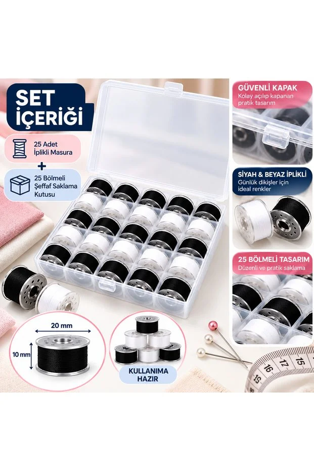 25 Adet Siyah Beyaz İplikli Masura Ev Tipi Dikiş Makinesi İçin Şeffaf Kutulu Set