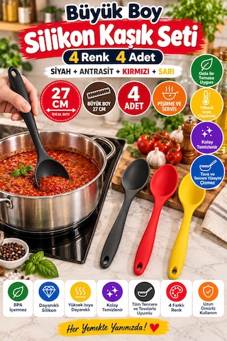 4'lü Set Siyah Antrasit Kırmızı Sarı, Büyük Boy Silikon Kaşık 27 Cm, Yemek Pişirme Ve Servis Kaşığı.