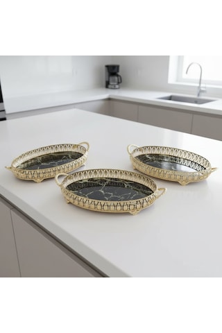3 Adet Gold Renk Mermer Desen Metal Çerçeveli Cam Nişan-servis Tepsi Seti 28 19 Cm Rosegold