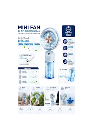 Mini El Tipi Fan Su Buharlı Serinletici Fan, Usb Type-c Şarjlı, 3 Kademeli Hız Ayarlı, Taşınabilir Elektrikli Fan