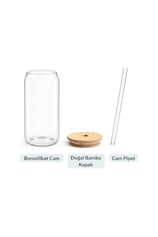Bambu Kapaklı Pipetli Borosilikat Sunum Bardağı, Kahve Bardağı, Isı Dayanıklı Bardak 600 Ml Coollime