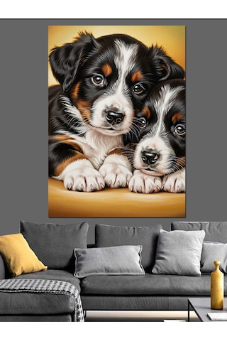 İki Yavru Köpek Sevimli Dostluk Dekoratif Kanvas - Mdf Ahşap Tablo