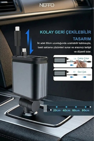 4in1 Geri Çekilebilir Araç İçi Hızlı Şarj Cihazı Çakmaklık Rgb Tavan Aydınlatma 66w Usb C 65