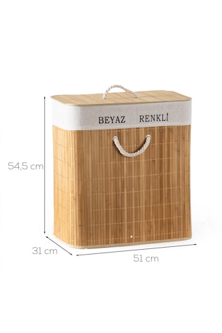 Porsima Pbt-440 Çift Bölmeli Kapaklı Kirli Çamaşır Sepeti Dikdörtgen - İki Bölmeli Bambu Kirli Çamaşır Sepeti Bambu