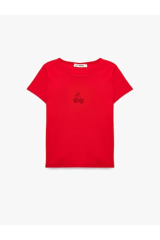 Koton Pamuklu Taş Detaylı Slim Fit Kısa Kollu Bisiklet Yaka Kirazlı Tişört Kırmızı 6sal10901ık
