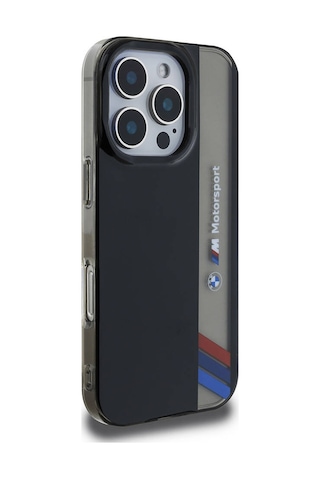 İphone 16 Pro Uyumlu Kılıf Bmw Lisanslı M Logolu Üç Renk Çizgili Motorsport Vertical Stripe Siyah Siyah
