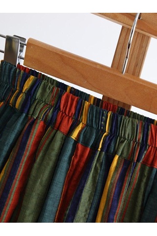 Qooth İlkbahar Yaz Kadın Yüksek Belli Renkli Şerit A-line Etek Vintage Midi A-line Uzun Etek Büyük Salıncak Ile Qt1718 Yeşil